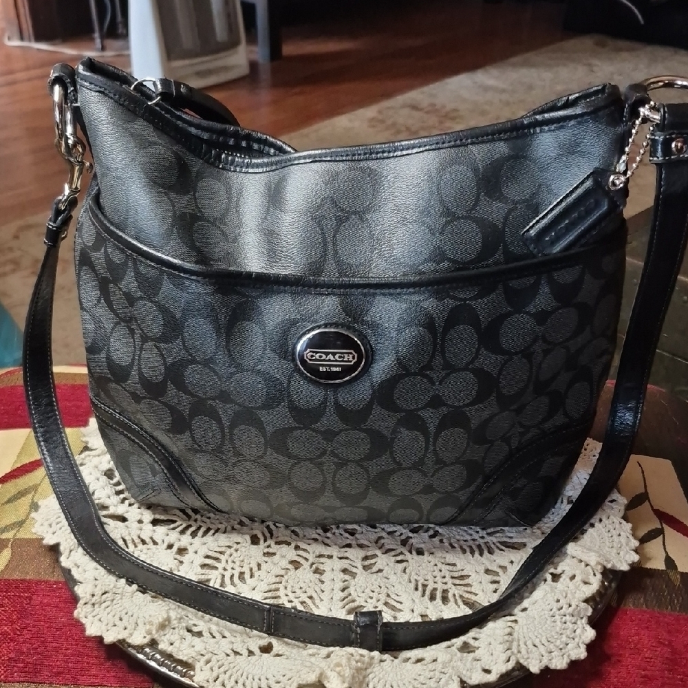 Coach Black Signature Peyton Shoulder Hobo Purse